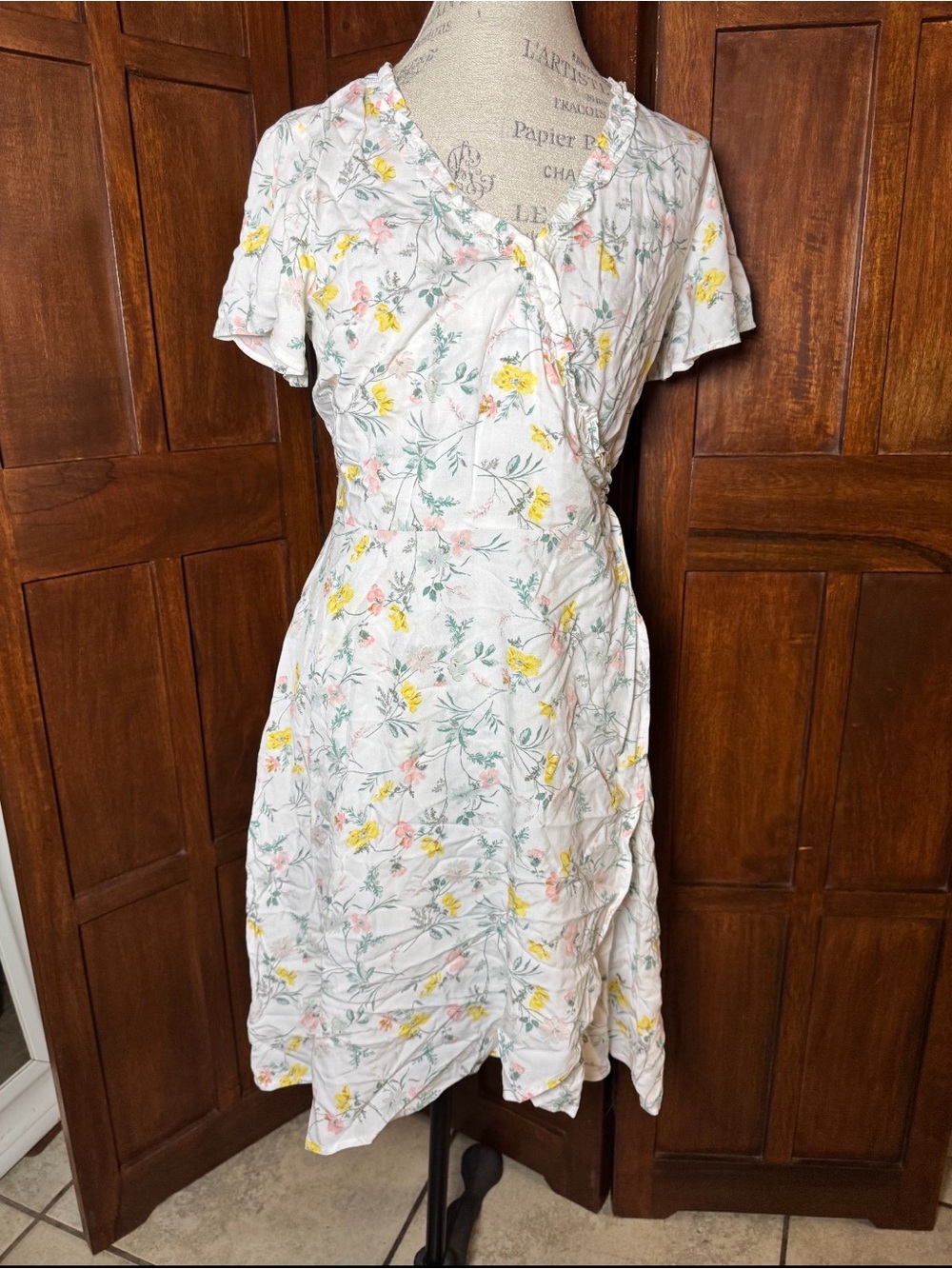 LOFT White Floral Wrap Midi Dress with Yellow & Pink Flowers